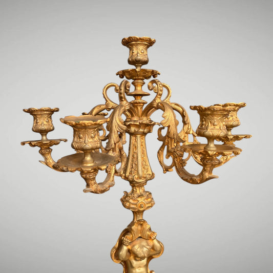 PAIR OF FIGURAL ROCOCO STYLE GILT BRONZE FIVE-LIGHT CANDELABRA, FRANCE, c.1870