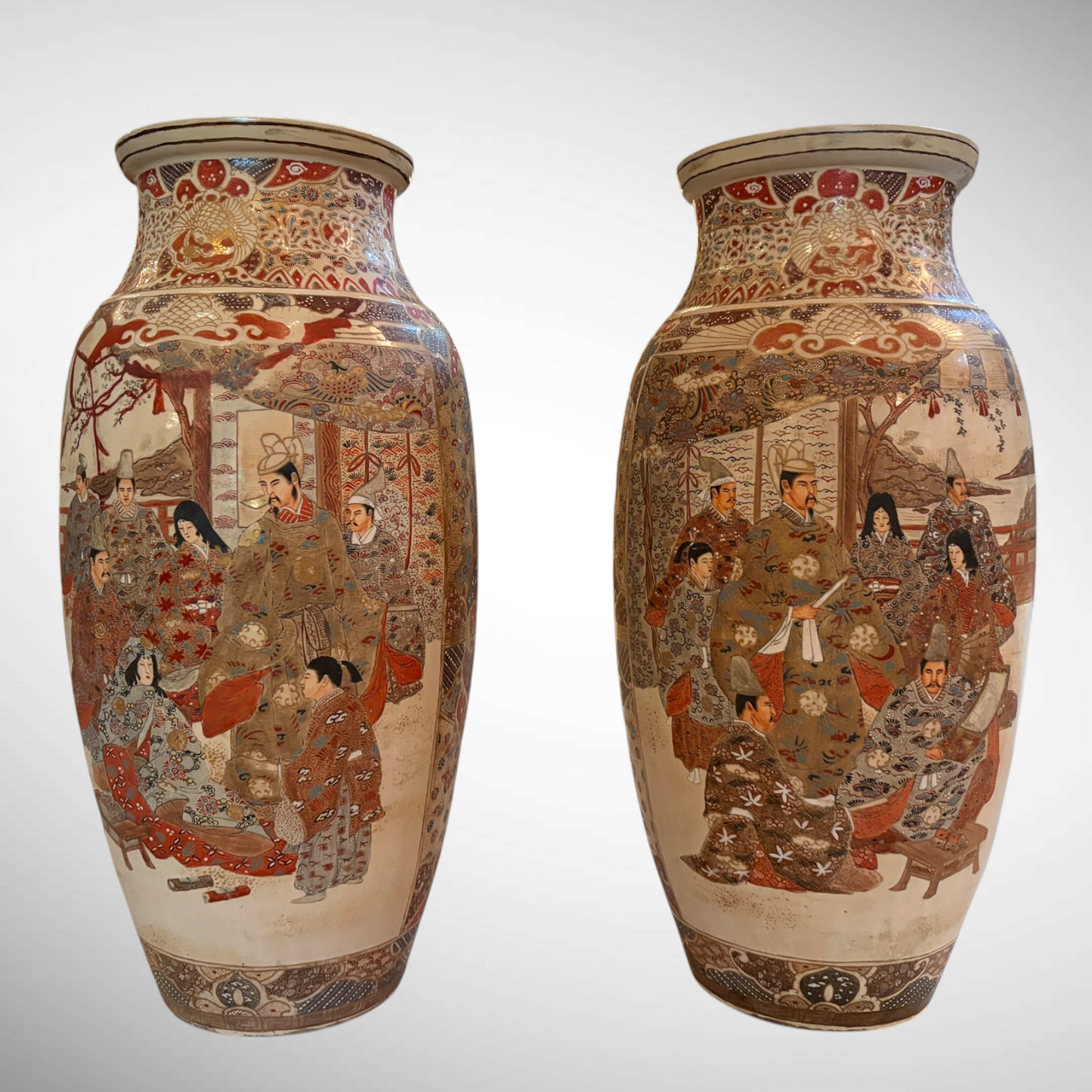 PAIR OF LARGE EARTHENWARE SATSUMA VASES, JAPAN, LATE MEIJI PERIOD