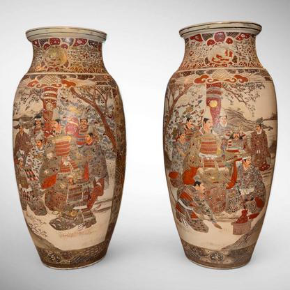 PAIR OF LARGE EARTHENWARE SATSUMA VASES, JAPAN, LATE MEIJI PERIOD
