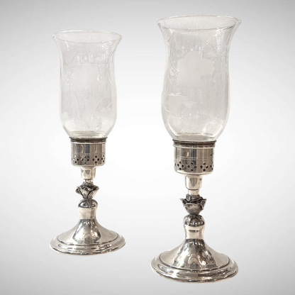 ELIZABETH II PIERCED SILVER AND GLASS HURRICANE LAMPS, BIRMINGAM, 1979