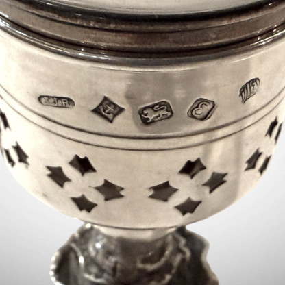 ELIZABETH II PIERCED SILVER AND GLASS HURRICANE LAMPS, BIRMINGAM, 1979