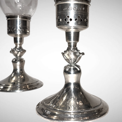 ELIZABETH II PIERCED SILVER AND GLASS HURRICANE LAMPS, BIRMINGAM, 1979