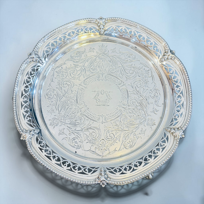 A SMALL VICTORIAN CHASED STERLING SILVER SALVER, LONDON, 1876