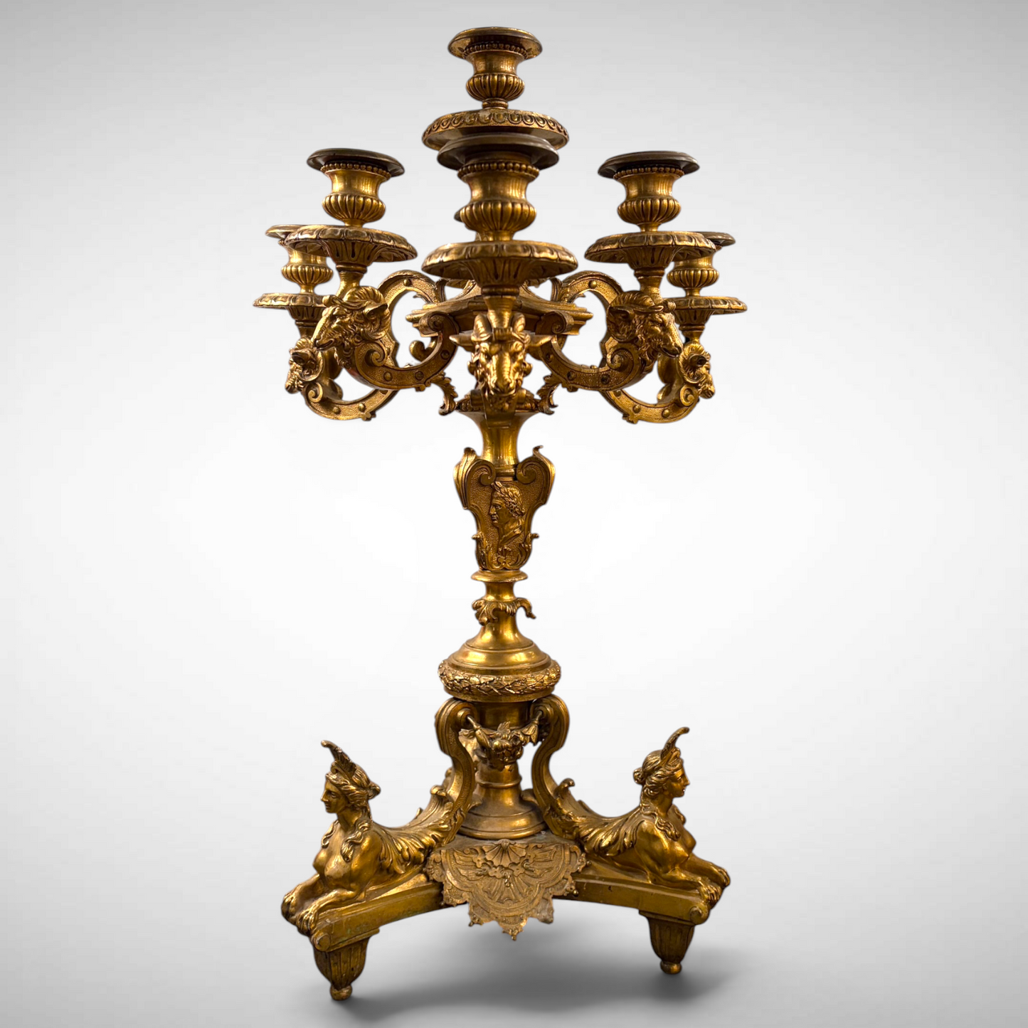 A FRENCH GILT-BRONZE CANDELABRUM 'AUX SPHINGES', FRANCE, LATE 19th CENTURY