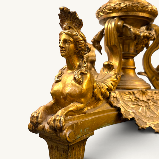 KLS Vaults 19th-century French gilt-bronze candelabrum base featuring a detailed winged sphinx with pharaonic headdress