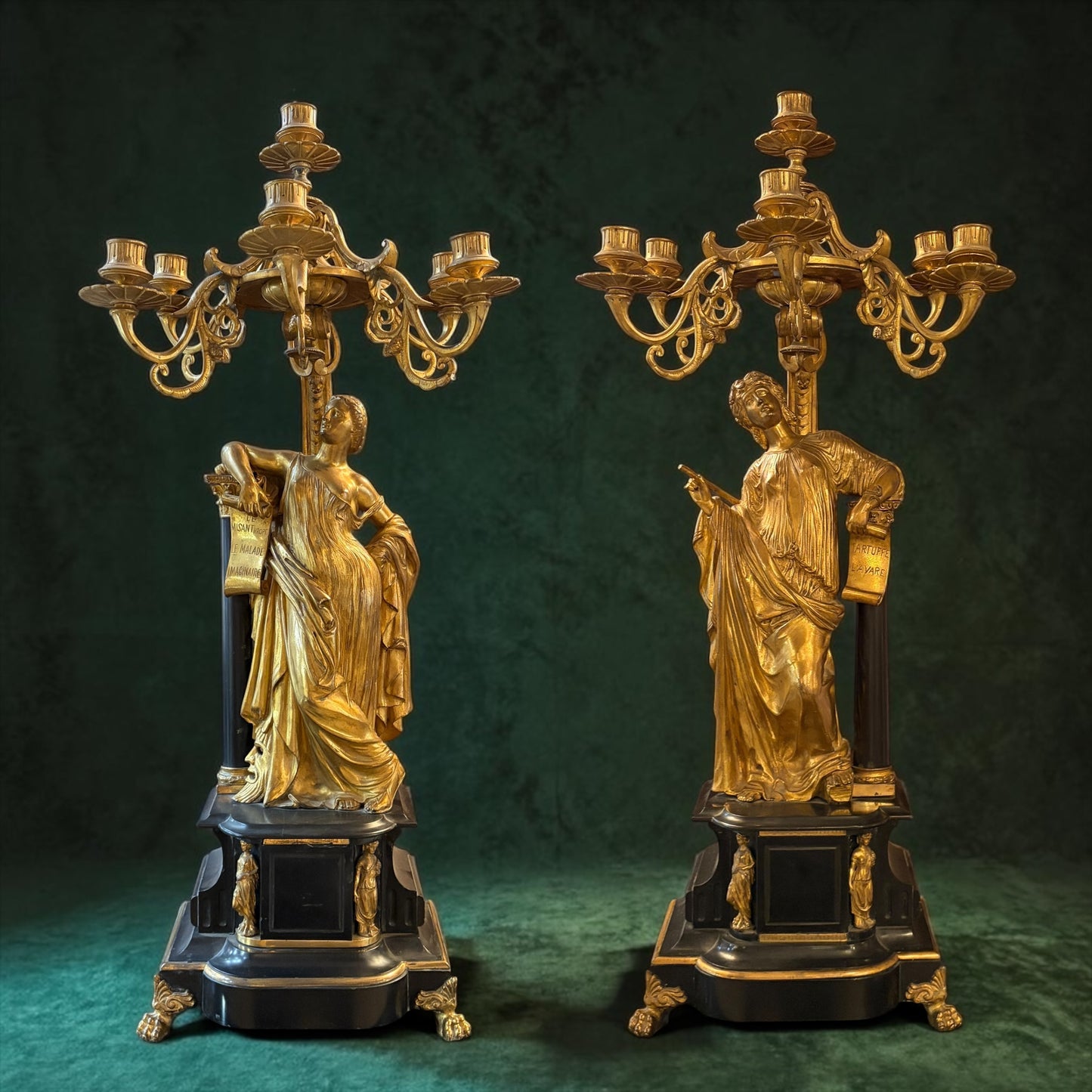 A PAIR OF GILT BRONZE AND BLACK SLATE SIX-LIGHT CANDELABRA, FRANCE, LATE 19TH CENTURY