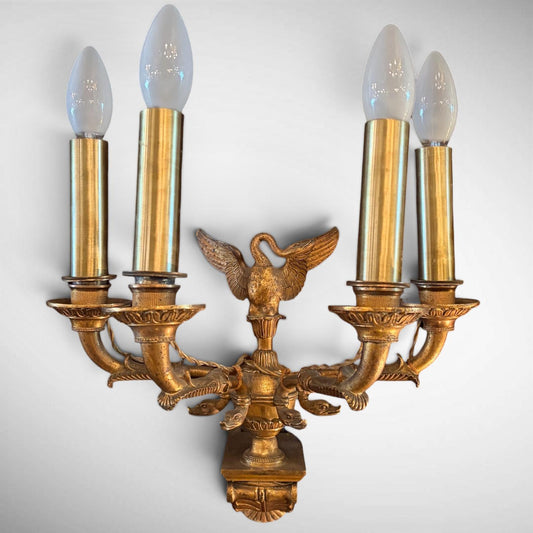 SET OF FOUR EMPIRE STYLE GILT BRONZE FOUR-LIGHT WALL SCONCE, FRANCE, 19TH CENTURY