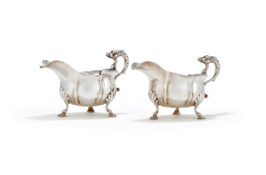 A PAIR OF GEORGE II SILVER DOLPHIN-HANDLED SAUCE BOATS, LONDON, 1746