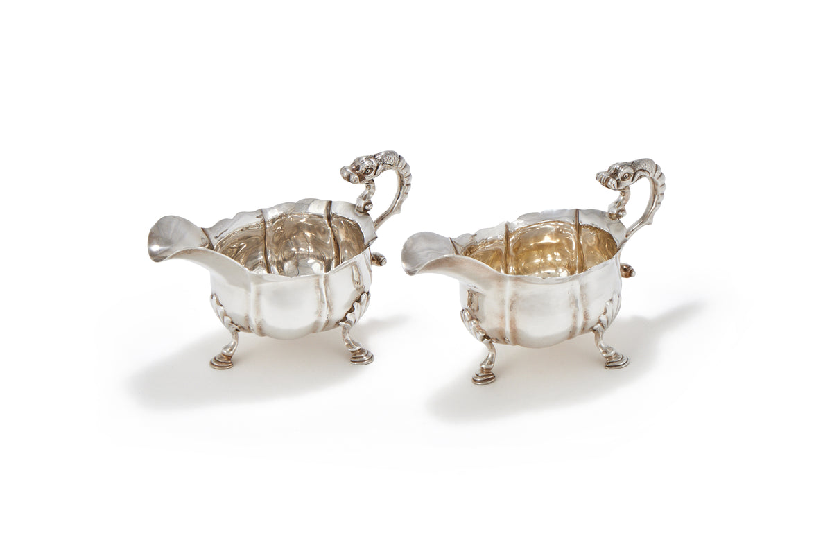 A PAIR OF GEORGE II SILVER DOLPHIN-HANDLED SAUCE BOATS, LONDON, 1746