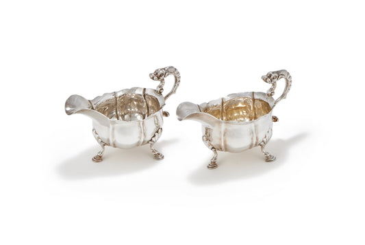 A PAIR OF GEORGE II SILVER DOLPHIN-HANDLED SAUCE BOATS, LONDON, 1746