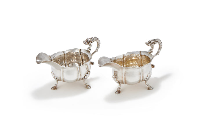 A PAIR OF GEORGE II SILVER DOLPHIN-HANDLED SAUCE BOATS, LONDON, 1746