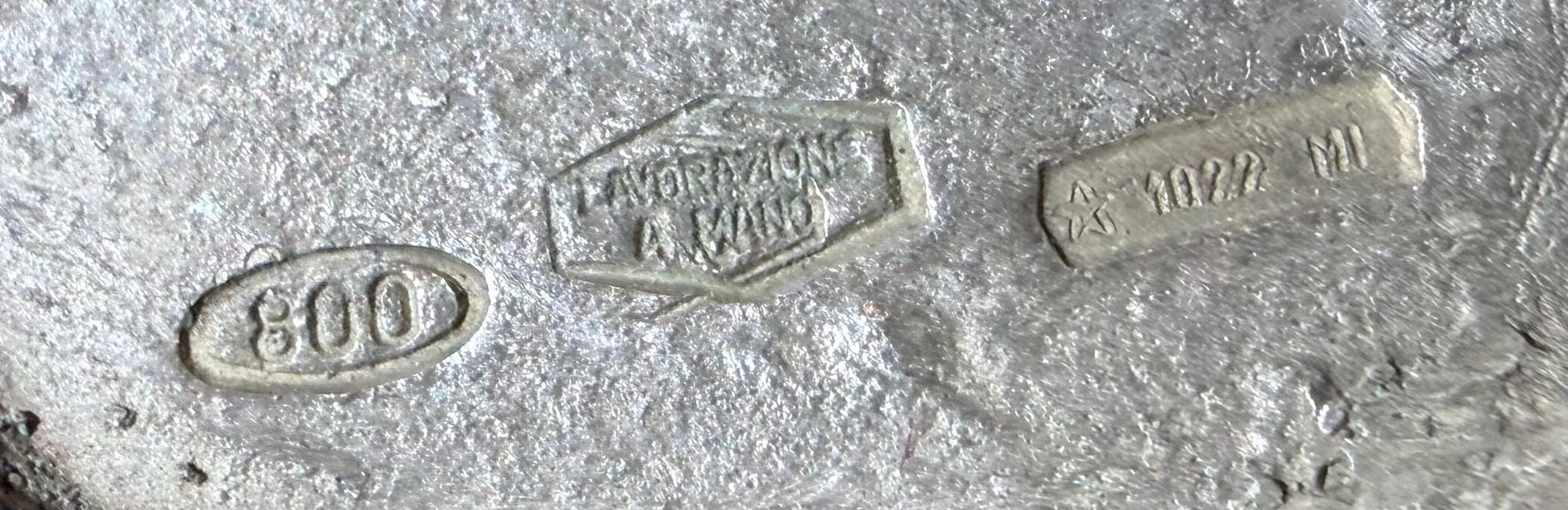 KLS Vaults .800 silver hallmark, Lavorazione a Mano stamp, and Milanese maker mark on vintage Italian centerpiece.