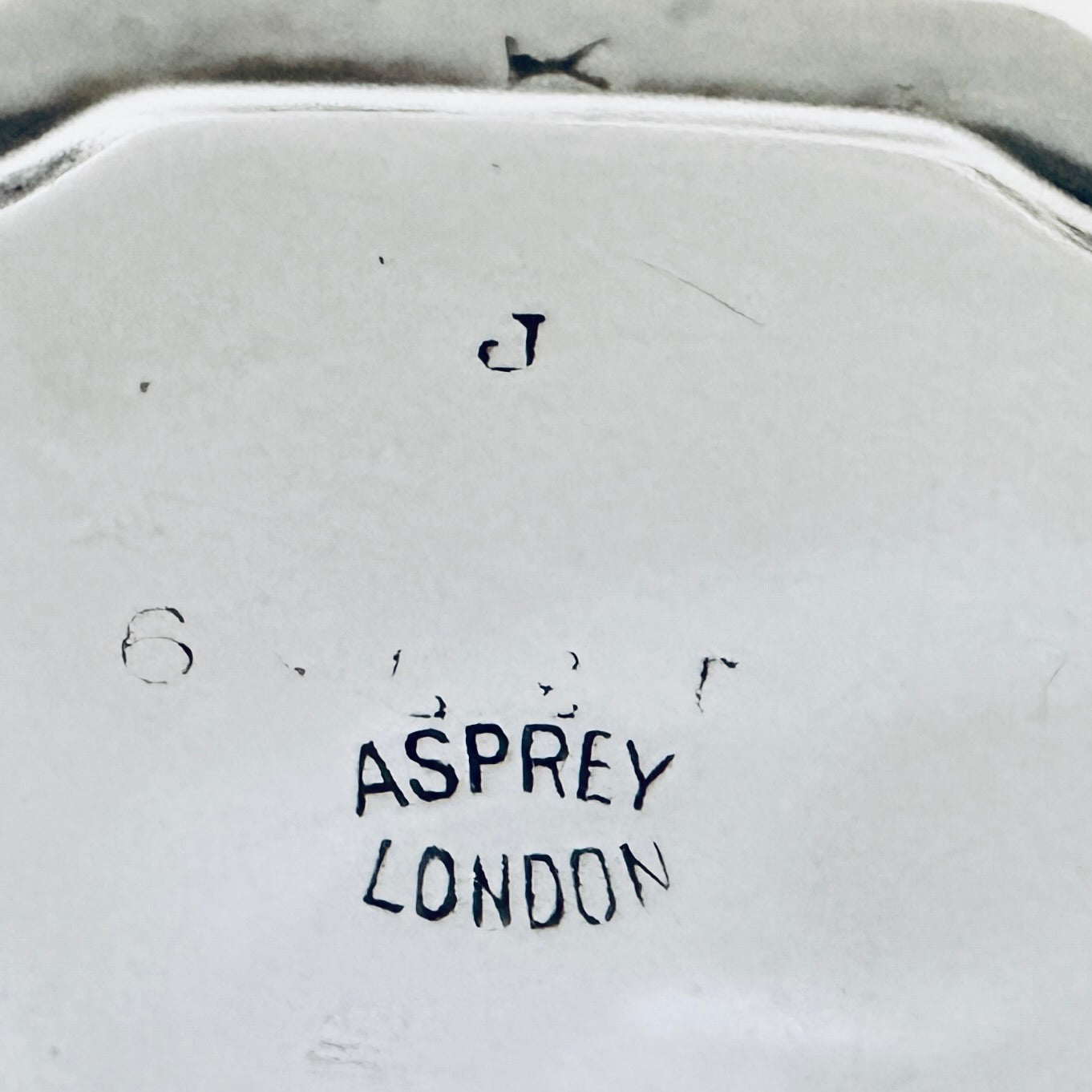 KLS Vaults sterling silver salver hallmark detail showing Asprey London maker mark and 1925 date stamp