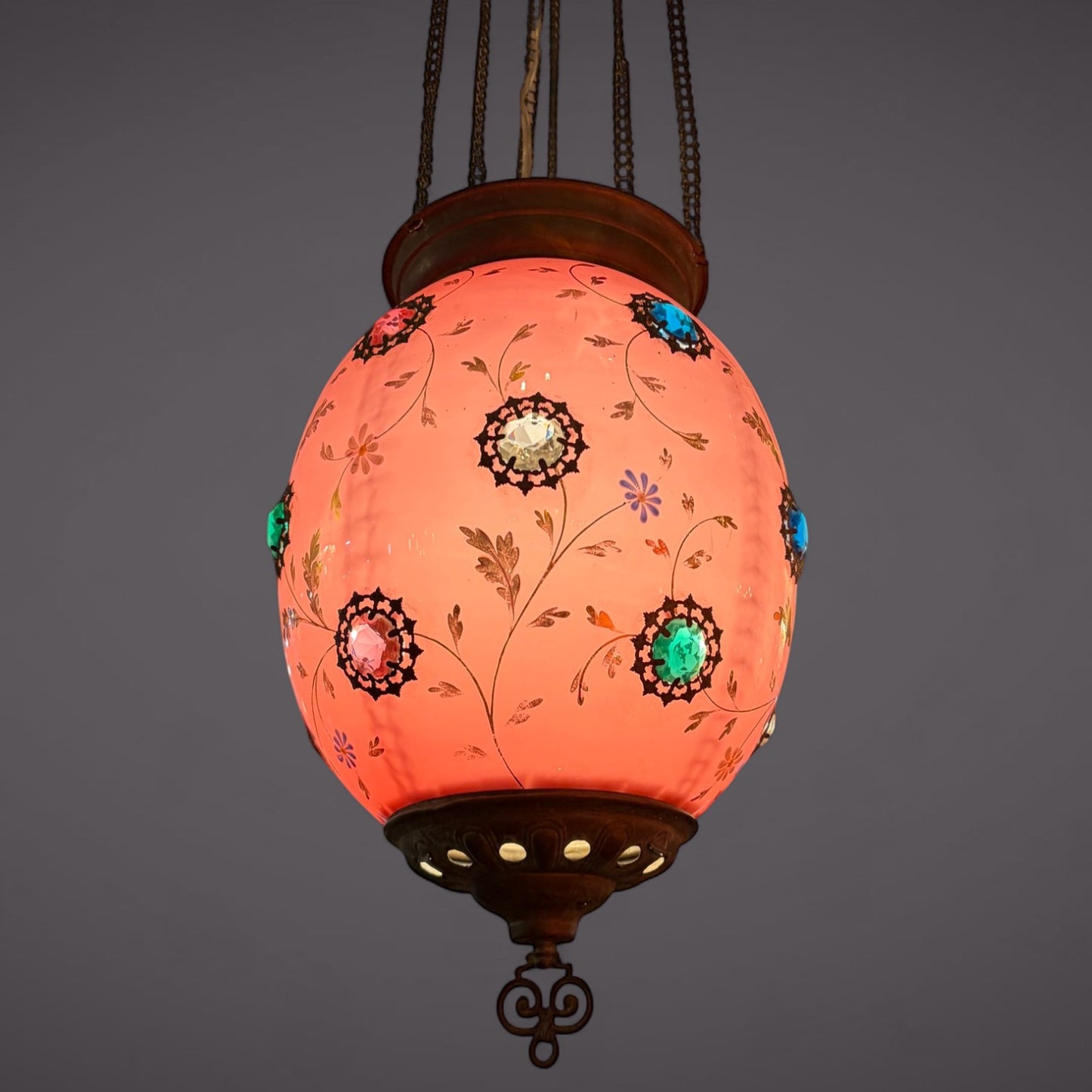KLS Vaults 19th-century Bohemian ruby glass pendant light with hand-painted enamel florals, gold gilt, and glass cabochons.