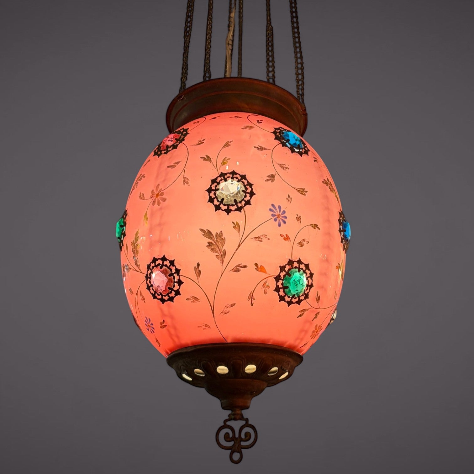 KLS Vaults 19th-century Bohemian ruby glass pendant light with hand-painted enamel florals, gold gilt, and glass cabochons.