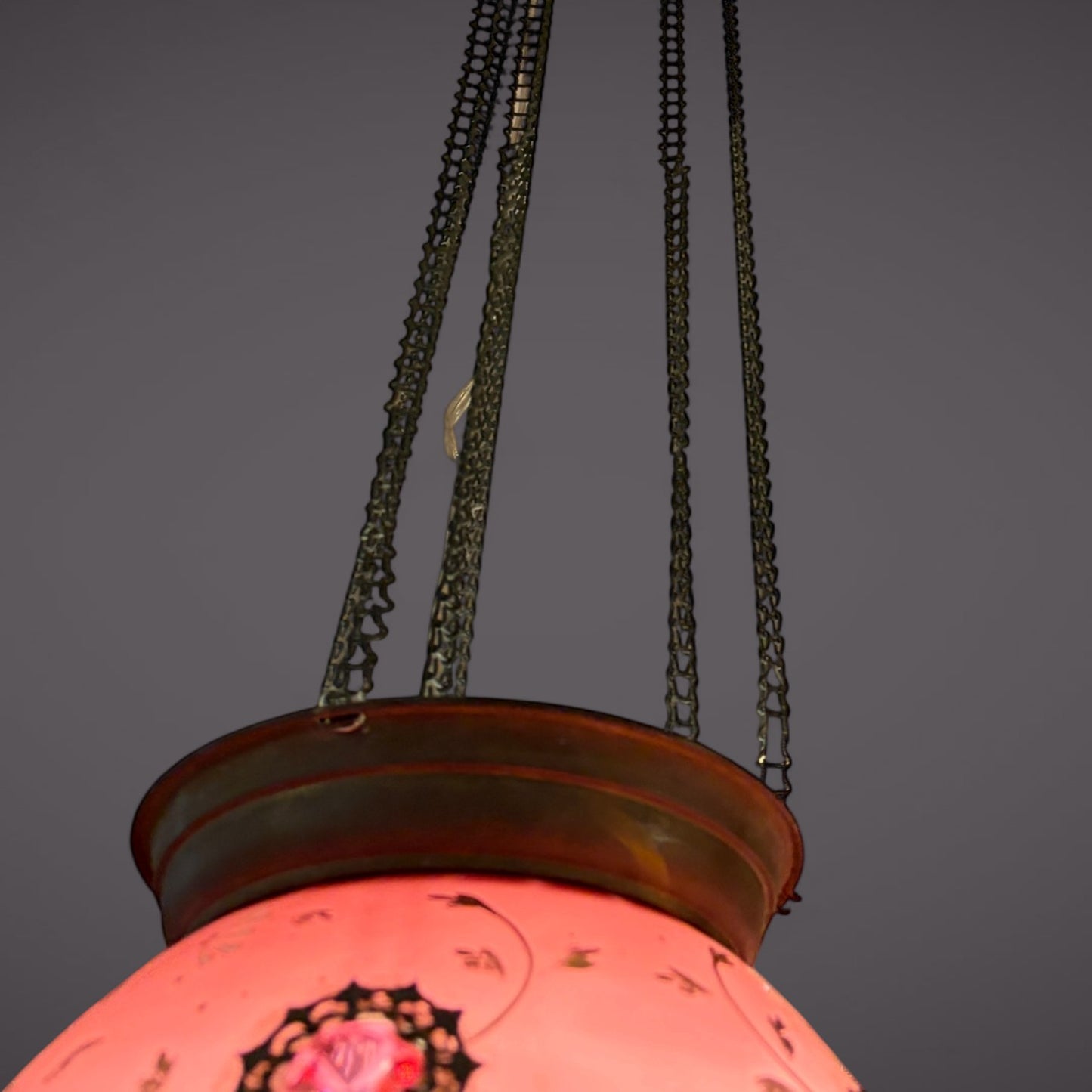 KLS Vaults pair of 19th-century Bohemian ruby glass pendant lights with hand-painted enamel florals and jeweled accents.