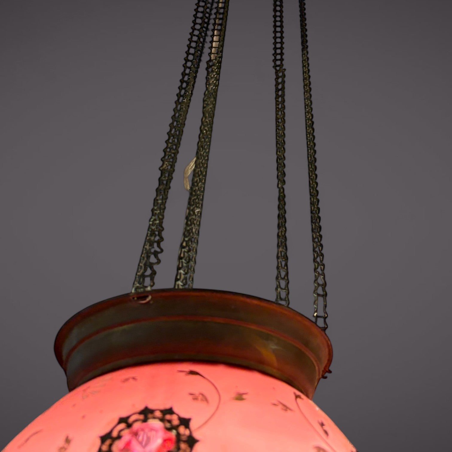 KLS Vaults pair of 19th-century Bohemian ruby glass pendant lights with hand-painted enamel florals and jeweled accents.