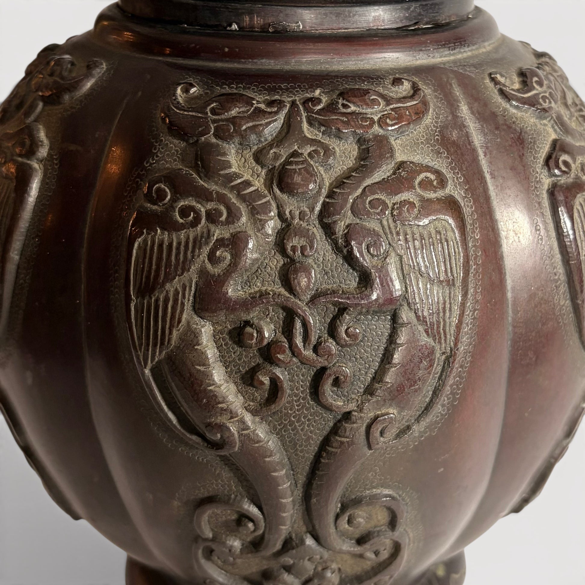 KLS Vaults patinated bronze baluster vase with dragon and phoenix motifs, late Meiji period Japanese metalwork.