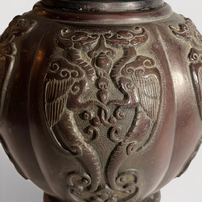 KLS Vaults patinated bronze baluster vase with dragon and phoenix motifs, late Meiji period Japanese metalwork.