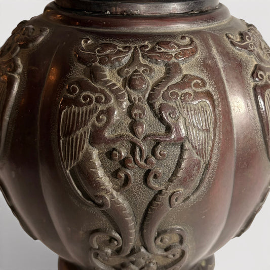 KLS Vaults patinated bronze baluster vase with dragon and phoenix motifs, late Meiji period Japanese metalwork.