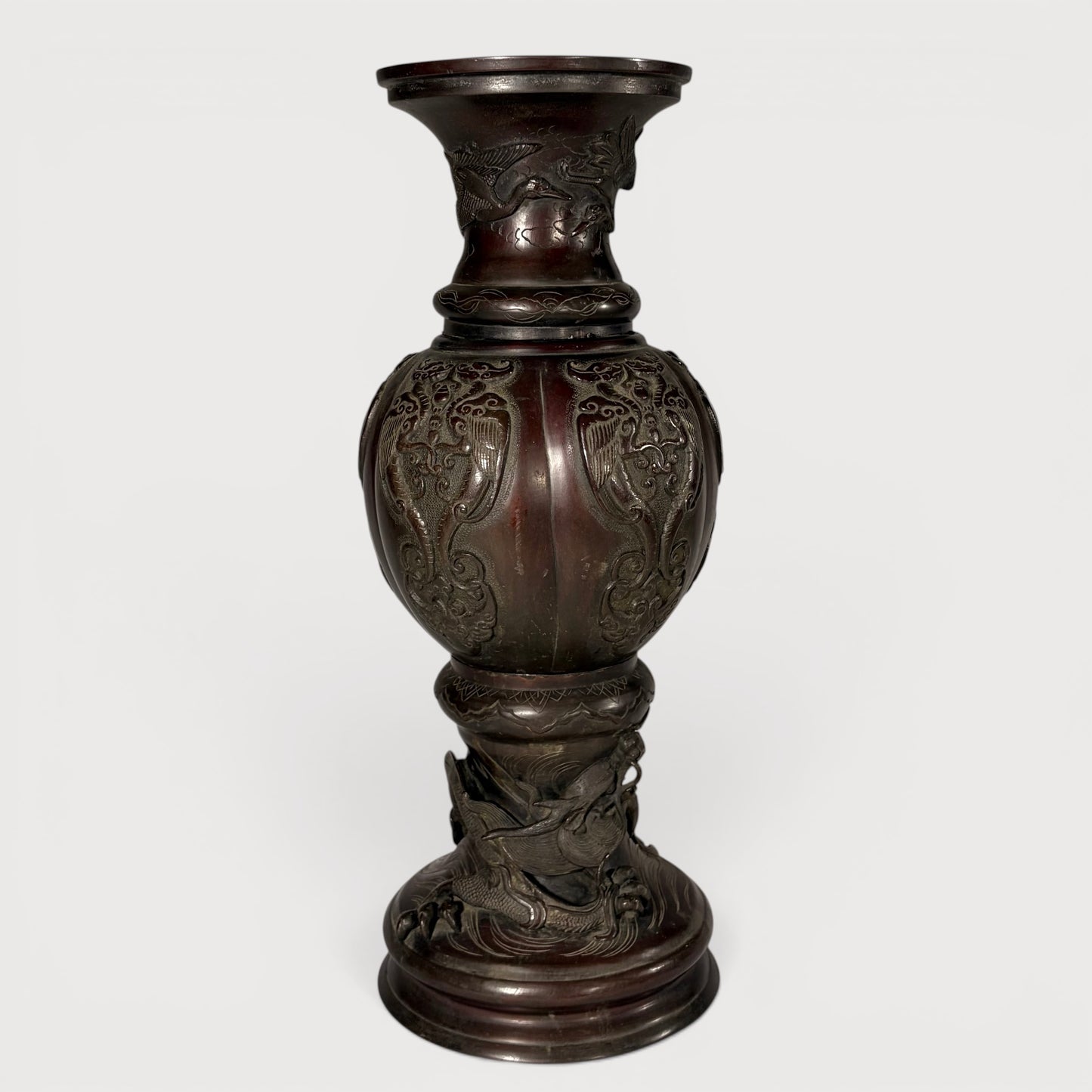 KLS Vaults patinated bronze baluster vase with dragon, phoenix, and crane motifs, late Meiji period Japanese metalwork.