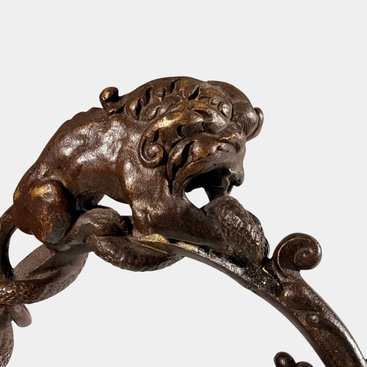 KLS Vaults Rococo Revival bronze ewer handle featuring a detailed lion grappling with a serpent in dark patina.