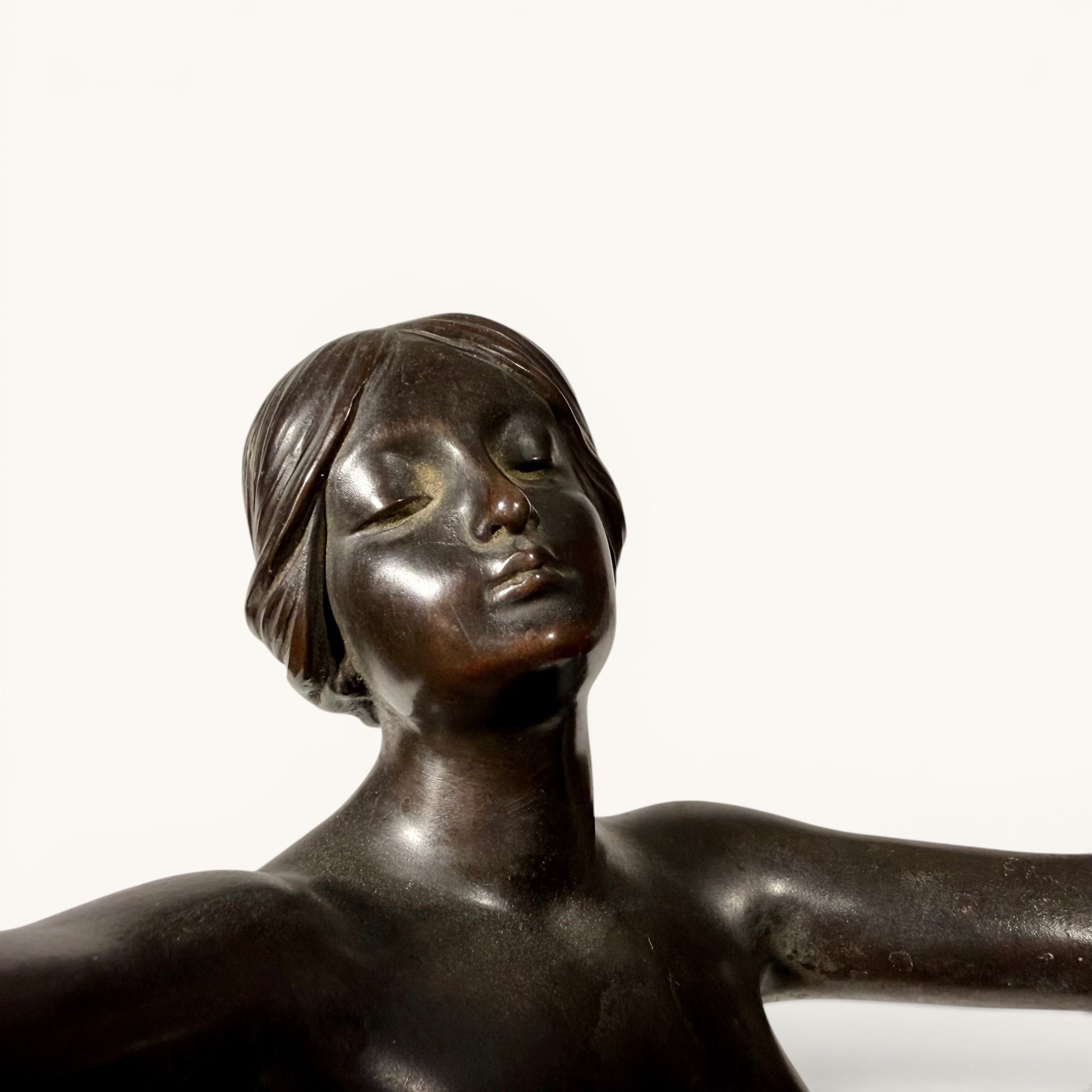 KLS Vaults late Victorian patinated bronze figure of a nude female dancer, c. 1898, after Frederick Schlipf.