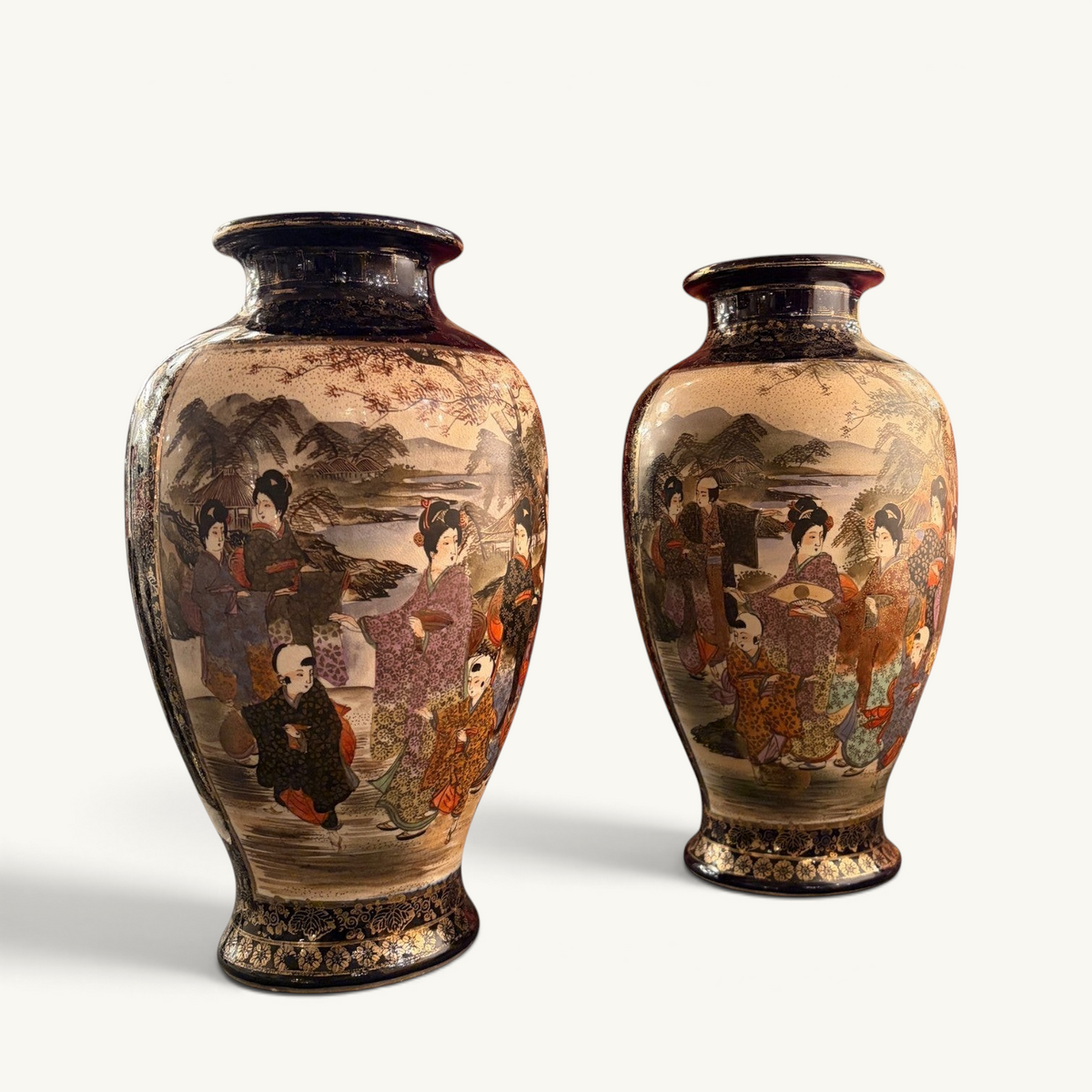 KLS Vaults pair of Meiji period cobalt Satsuma vases featuring hand-painted bijin figures and landscape scenes.