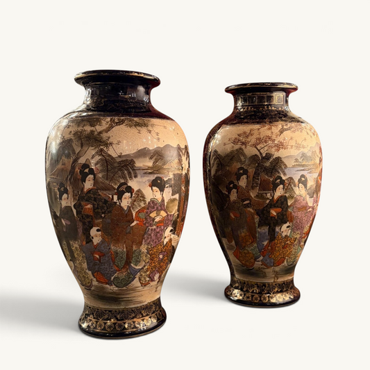KLS Vaults pair of Meiji period cobalt Satsuma vases featuring hand-painted bijin figures and landscape scenes.