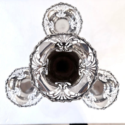 KLS Vaults Edwardian sterling silver centerpiece with pierced foliate fretwork and three detachable sweetmeat baskets.