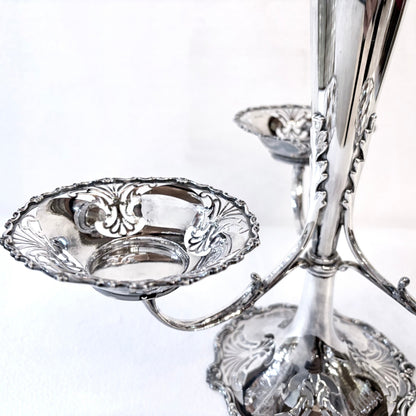 KLS Vaults Edwardian sterling silver epergne centerpiece with intricate pierced foliate fretwork and shell borders.