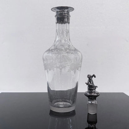 KLS Vaults 1902 Edwardian glass decanter with frosted floral etching and a sterling silver cherub stopper.