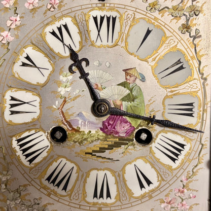 KLS Vaults French gilt-bronze mantel clock dial with hand-painted Chinoiserie porcelain figure and Roman numerals