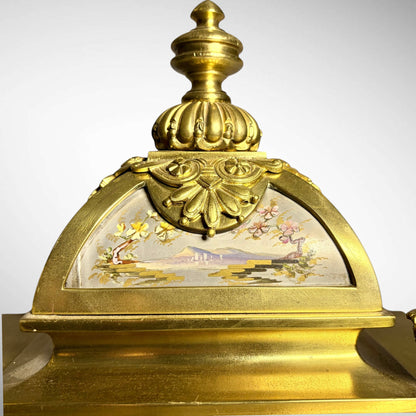 KLS Vaults French gilt-bronze mantel clock pediment with hand-painted Chinoiserie porcelain panel and ornate finial