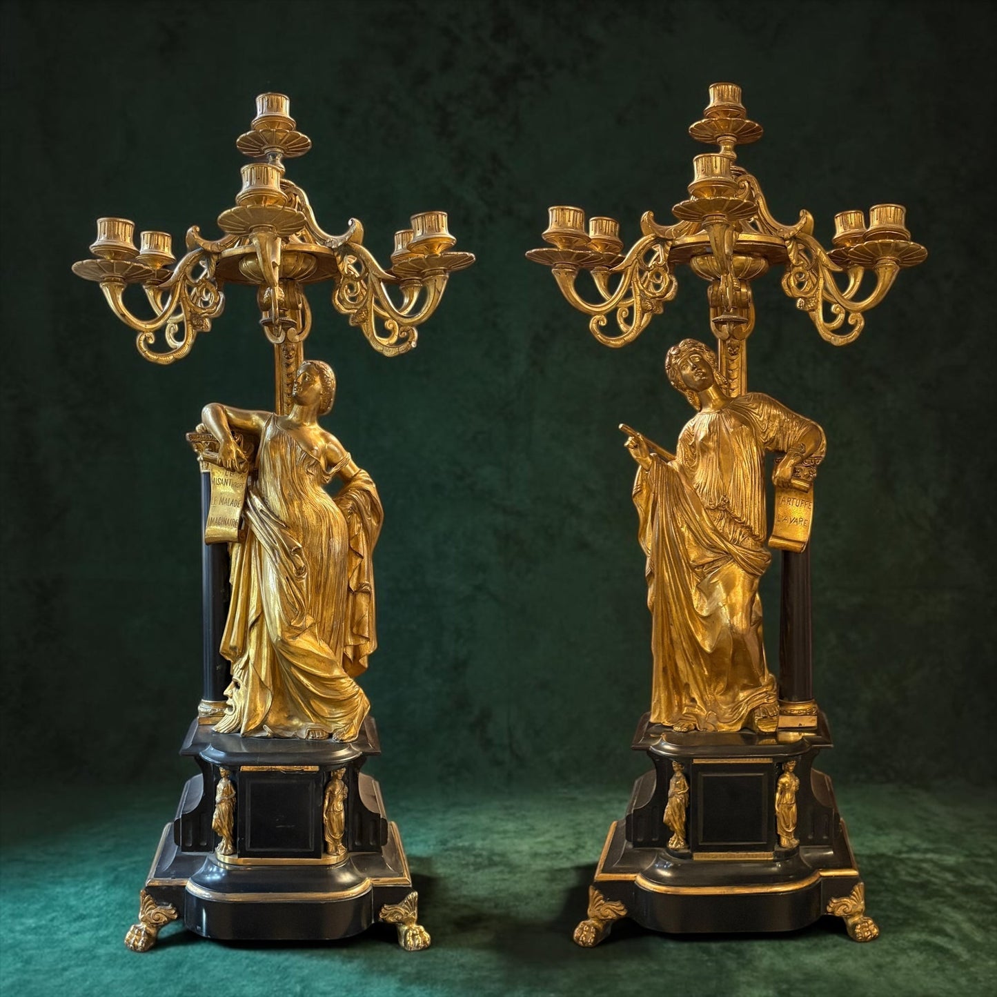 KLS Vaults pair of 19th-century French Neo-Grec gilt bronze and black slate six-light candelabra with maiden figures.