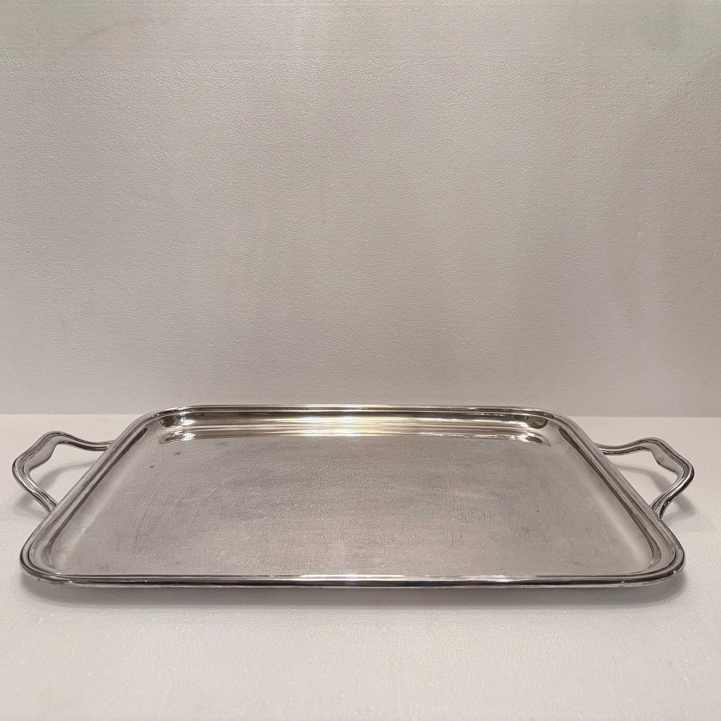KLS Vaults mid-century Italian 800 silver rectangular serving tray with scrolled handles and a stepped molded rim.