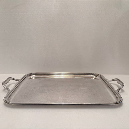 KLS Vaults mid-century Italian 800 silver rectangular serving tray with scrolled handles and a stepped molded rim.