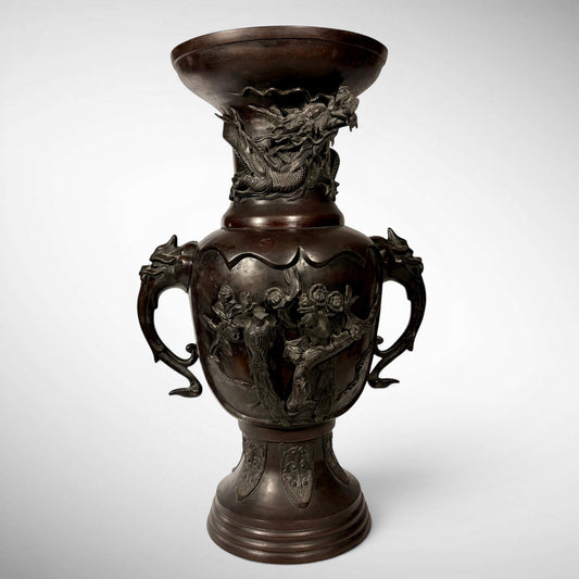KLS Vaults antique Japanese bronze vase with high-relief dragon, phoenix, and shishi head handles in reddish-brown.