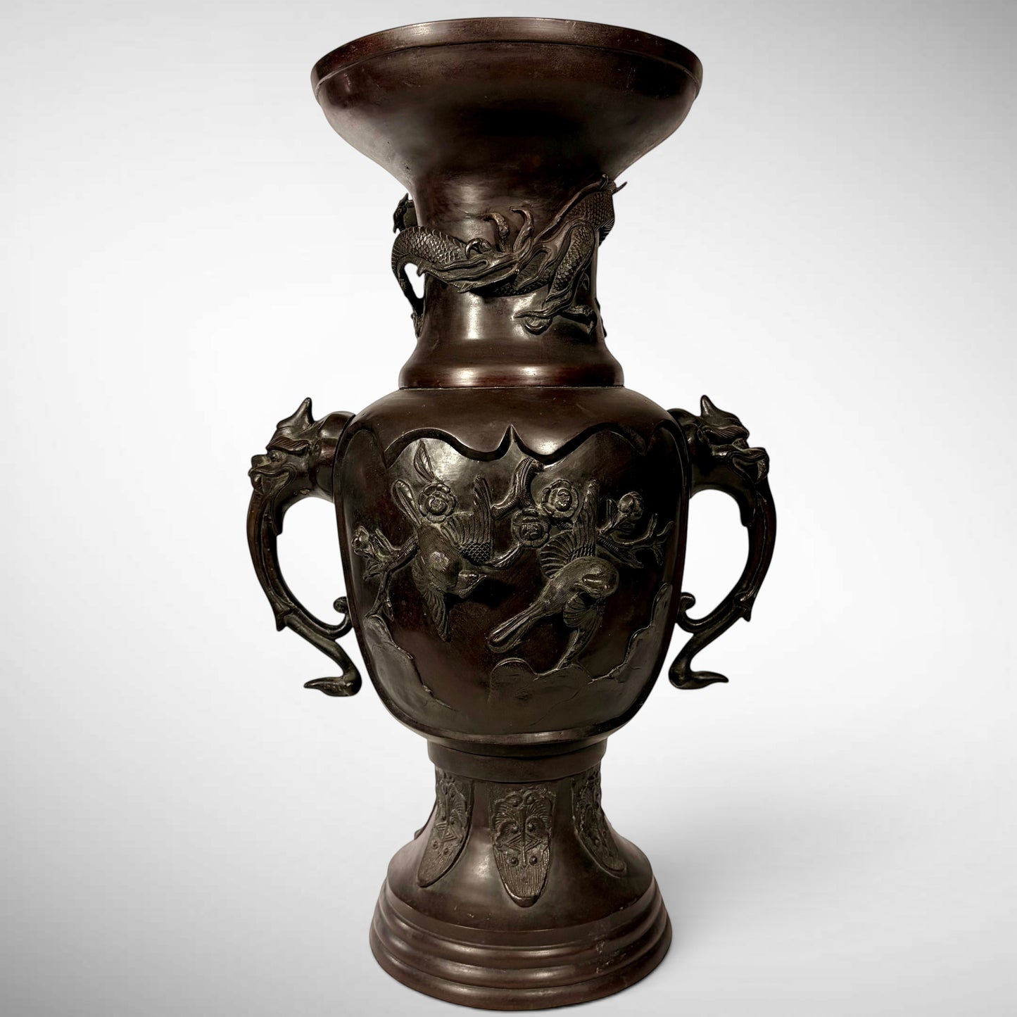 KLS Vaults antique Japanese bronze vase featuring high-relief dragon, phoenix, and shishi head handles.
