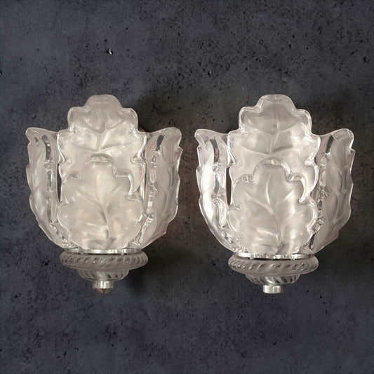 KLS Vaults pair of Lalique Chene oak leaf wall sconces in clear and frosted crystal with chrome rope-twist mounts.