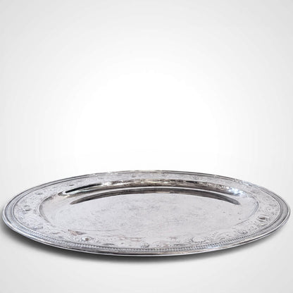 KLS Vaults large oval sterling silver platter with intricate foliate engraving and shell rim detail from 1917.