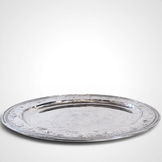 KLS Vaults large oval sterling silver platter with intricate foliate engraving and shell rim detail from 1917.