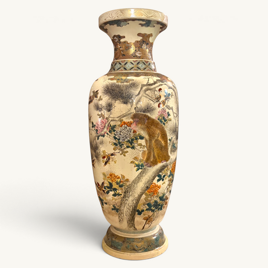 KLS Vaults monumental Meiji period Satsuma earthenware vase featuring hand-painted macaques, pine, and peonies.