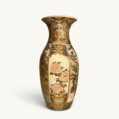 KLS Vaults Meiji period Satsuma palace vase featuring intricate samurai, court figures, and pink peonies with gilding.