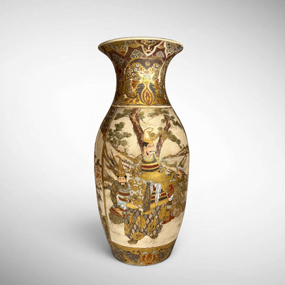KLS Vaults Meiji period Satsuma palace vase featuring samurai warriors, heavy gilding, and floral motifs.