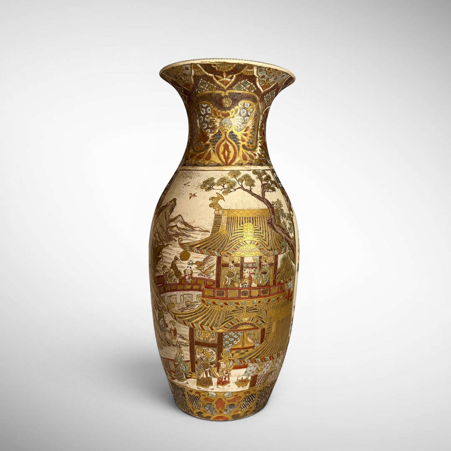 KLS Vaults Meiji period Satsuma palace vase with heavy gold gilding, samurai figures, and floral landscape motifs.