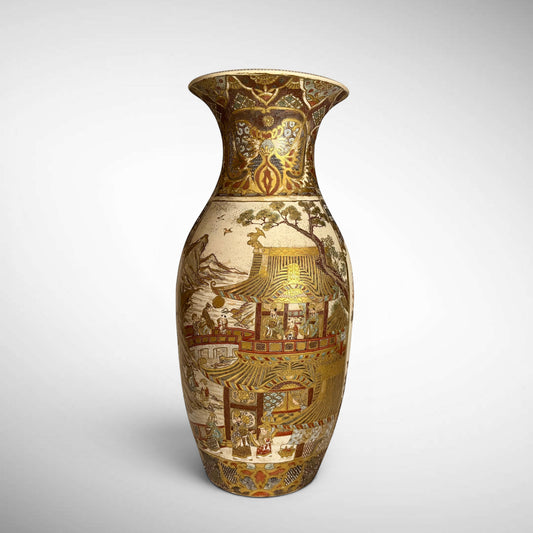 KLS Vaults Meiji period Satsuma palace vase with heavy gold gilding, samurai figures, and floral landscape motifs.