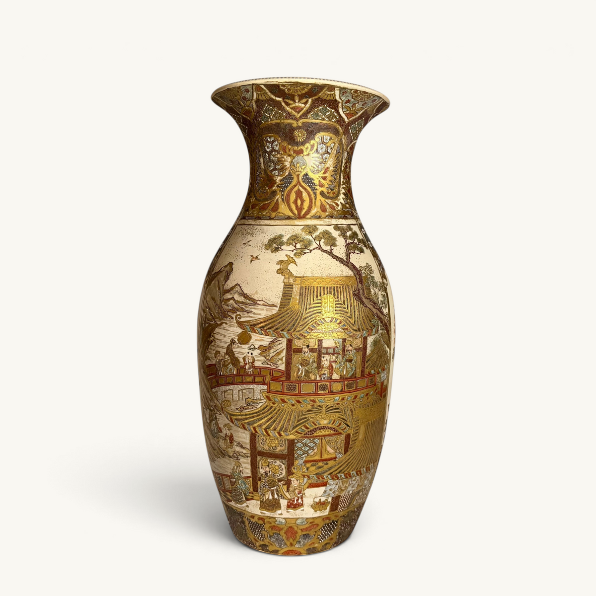 KLS Vaults Meiji period Satsuma palace vase with heavy gold gilding, samurai figures, and floral landscape motifs.