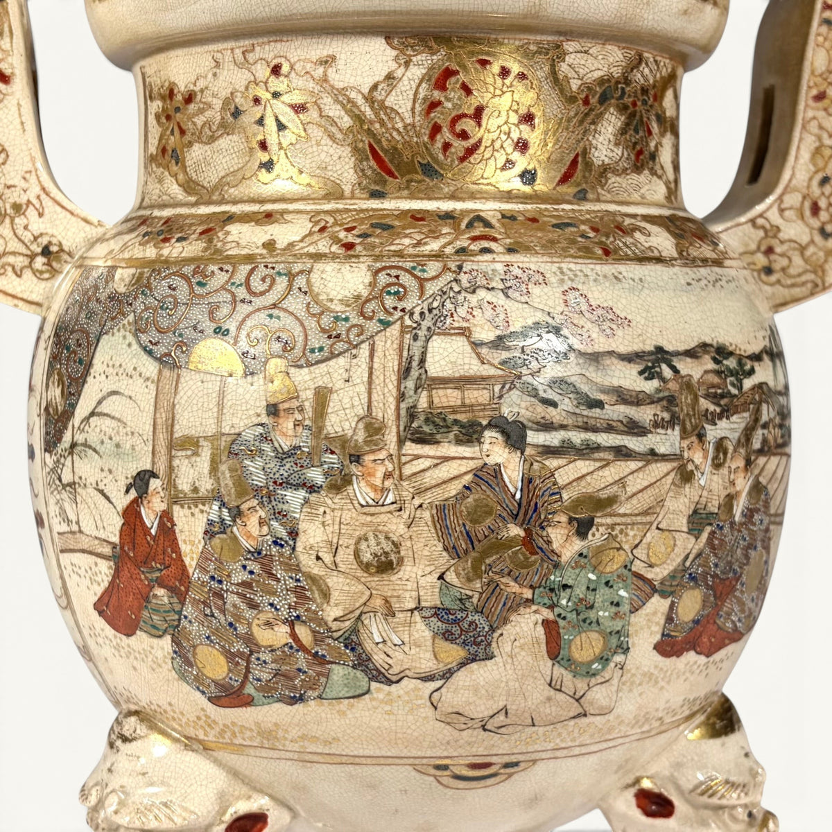 KLS Vaults Meiji period Satsuma incense burner featuring intricate hand-painted courtly figures and gold enamel detail.