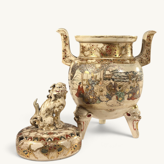 KLS Vaults Meiji period Satsuma earthenware incense burner with shishi finial, gold brocade painting, and tripod feet.